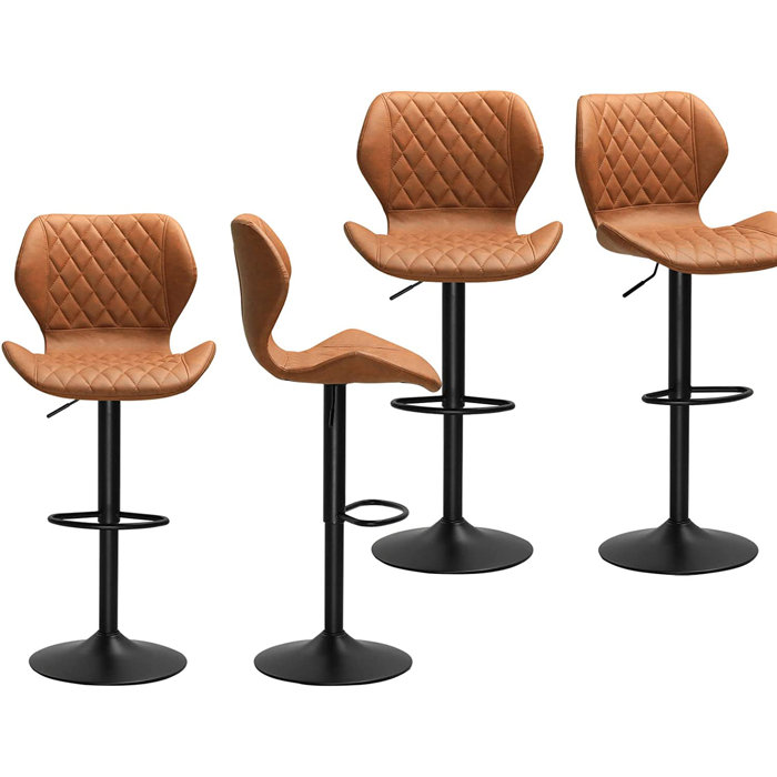 17 Stories Adjustable Bar Stools Set Of 4, Leather Brown Bar Stools
